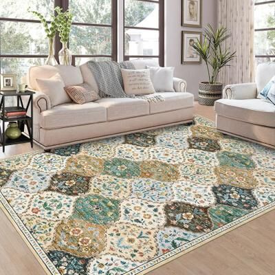 Garvee Washable Vintage Tile Floral Print Area Rug