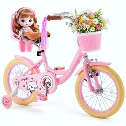 VEVOR Kinderfahrrad für 4-7 Straßenfahrrad 16 Zoll mit Stützrädern Rosa, Kinderrad aus Kohlenstoffstahl für Mädchen, Prinzessin-Stil, Doppelbremsen, Verstellbarer Sitz, mit Puppensitz & Vorderkorb