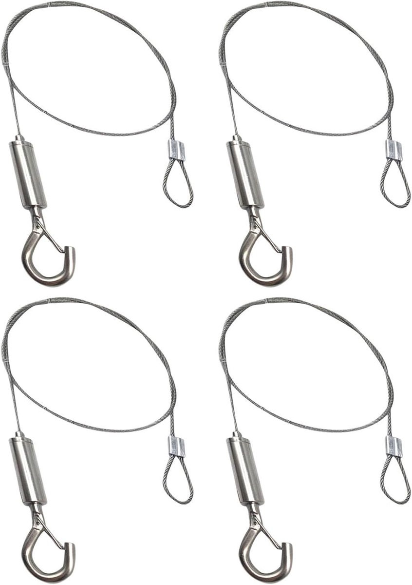 Set van 4 roestvrijstalen voederkabels met haak en lus, 50 cm, zilver