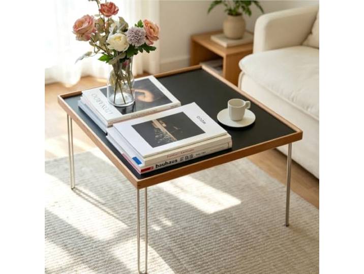 Couchtisch mit Massivholzplatte, Edelstahlgestell in leuchtender Farbe Moderner luxuriöser Couchtisch,flacher Dekortisch im minimalistischen Stil für Wohnzimmer(Black)