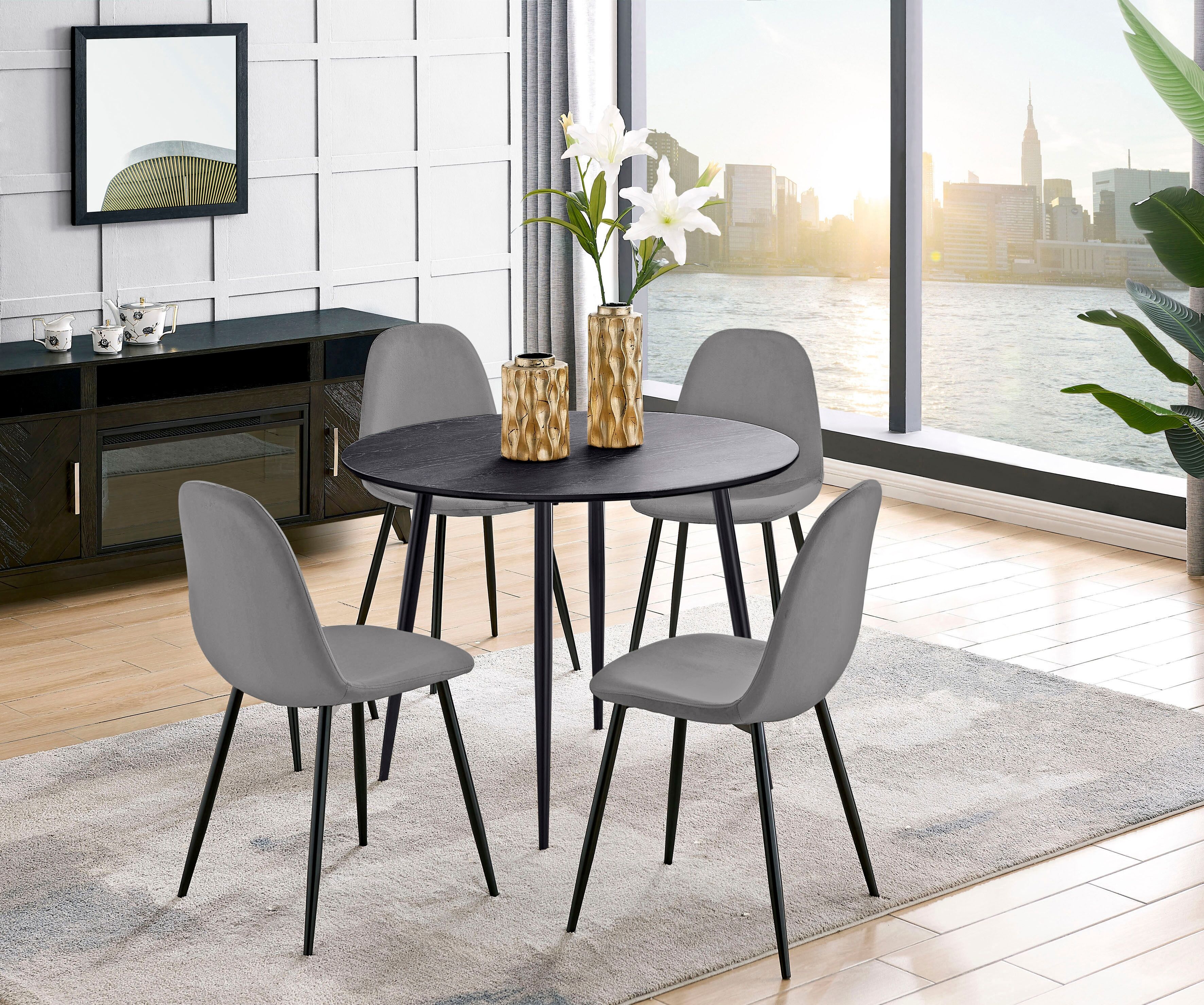 Essgruppe GOODPRODUCT "Eadwine, Sitzgruppe Esstisch plus 4 Esszimmerstühle", grau (hellgrau, hellgrau), Samtvelours, Schwarz/hellgrau, Sitzmöbel-Sets, Essgruppe hellgrau, hellgrau Samtvelours, Schwarz/hellgrau