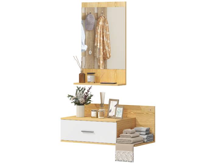Ensemble d'entrée mural Homcom avec miroir, tiroir et 2 étagères ouvertes, meubles de couloir, bois naturel