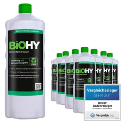 BiOHY Bodenreiniger (9x1l Flasche) | Konzentrat für alle Reinigungsgeräte und alle Hartböden | Angenehmer Geruch und streifenfreie Reinigung