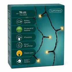 Lumineo LED Lichterkette 7,1m Durawise 96 LEDs Twinkle Effekt 8 Funktionen Timer 6h Batteriebetrieb Dekobeleuchtung Indoor Outdoor Schwarz Klassisch Warm