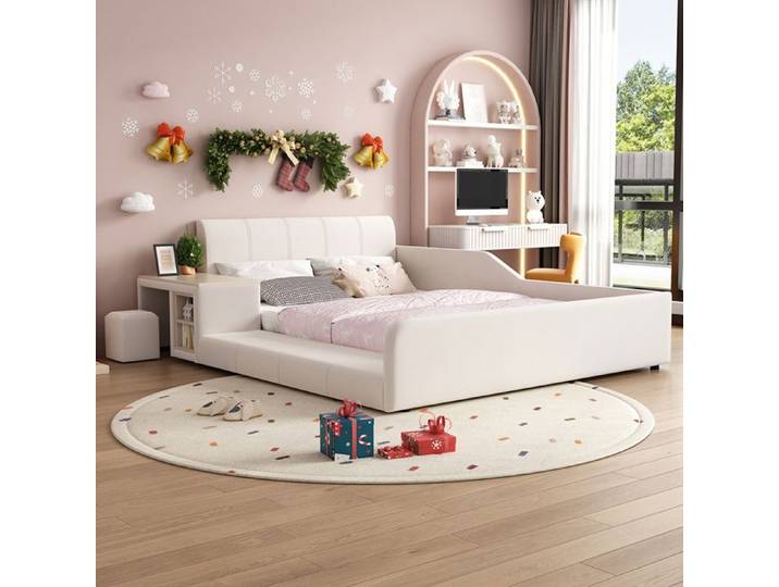 Lit combiné enfant - YEHTOKHOME - 140x200 - bureau latéral - rangement intégré - velours blanc