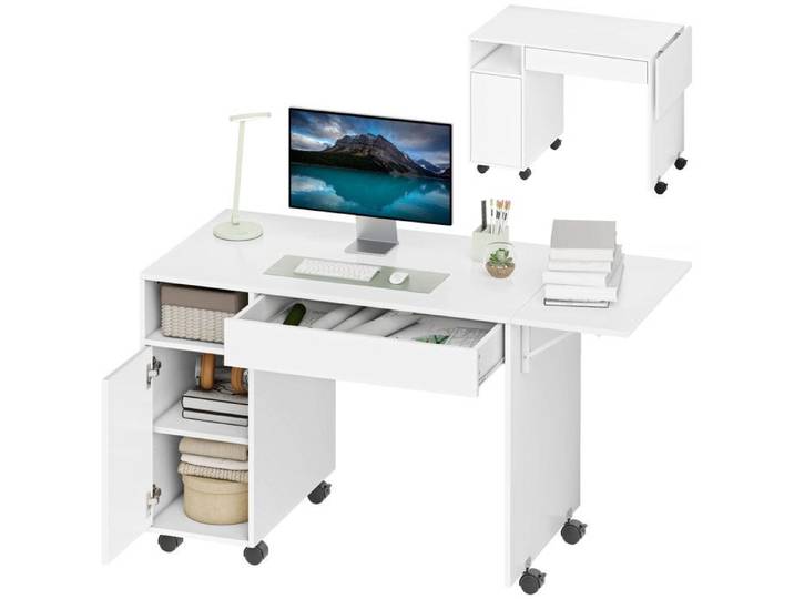 Bureau informatique mobile – Extensible 100-130 cm avec rangement et roulettes – pour bureau et étude – 130x58 cm Blanc