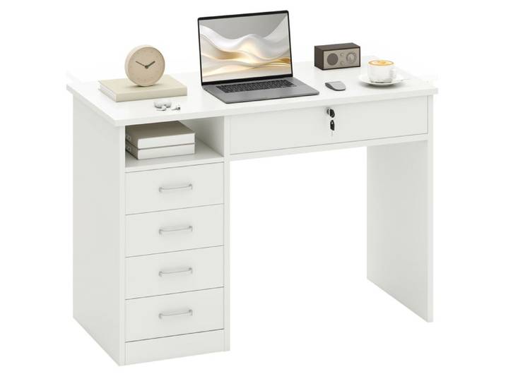 FSX Bureau pour chambre ou bureau en bois avec 2 tiroirs et 2 clés 110x50x76 cm - Blanc