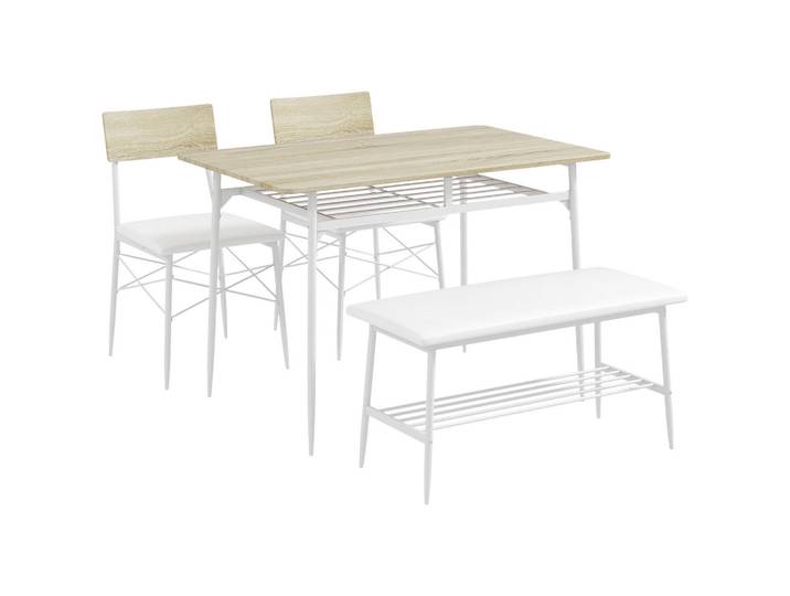 Homcom Essgruppe 4er-Set, Esstisch mit Bank und 2 Stühlen, Küchentisch-Set mit Ablage, Eichefarben, Metall, Nachbildung,Eiche, Füllung: Schaumstoff, Rechteckig, Rundrohr, 70x75x110 cm, Esszimmer, Bank, Tisch- & Eckbankgruppen