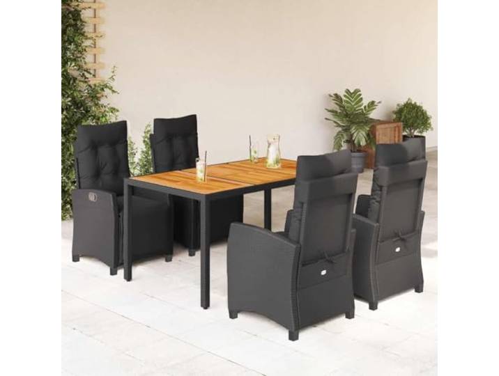 HEFZGDB 5-TLG. Garten-Essgruppe mit Kissen Schwarz Poly Rattan, Outdoor Esstischgruppe mit verstellbaren Liegestühlen und Akazienholz Tischplatte, wetterbeständige PE Rattan Möbel
