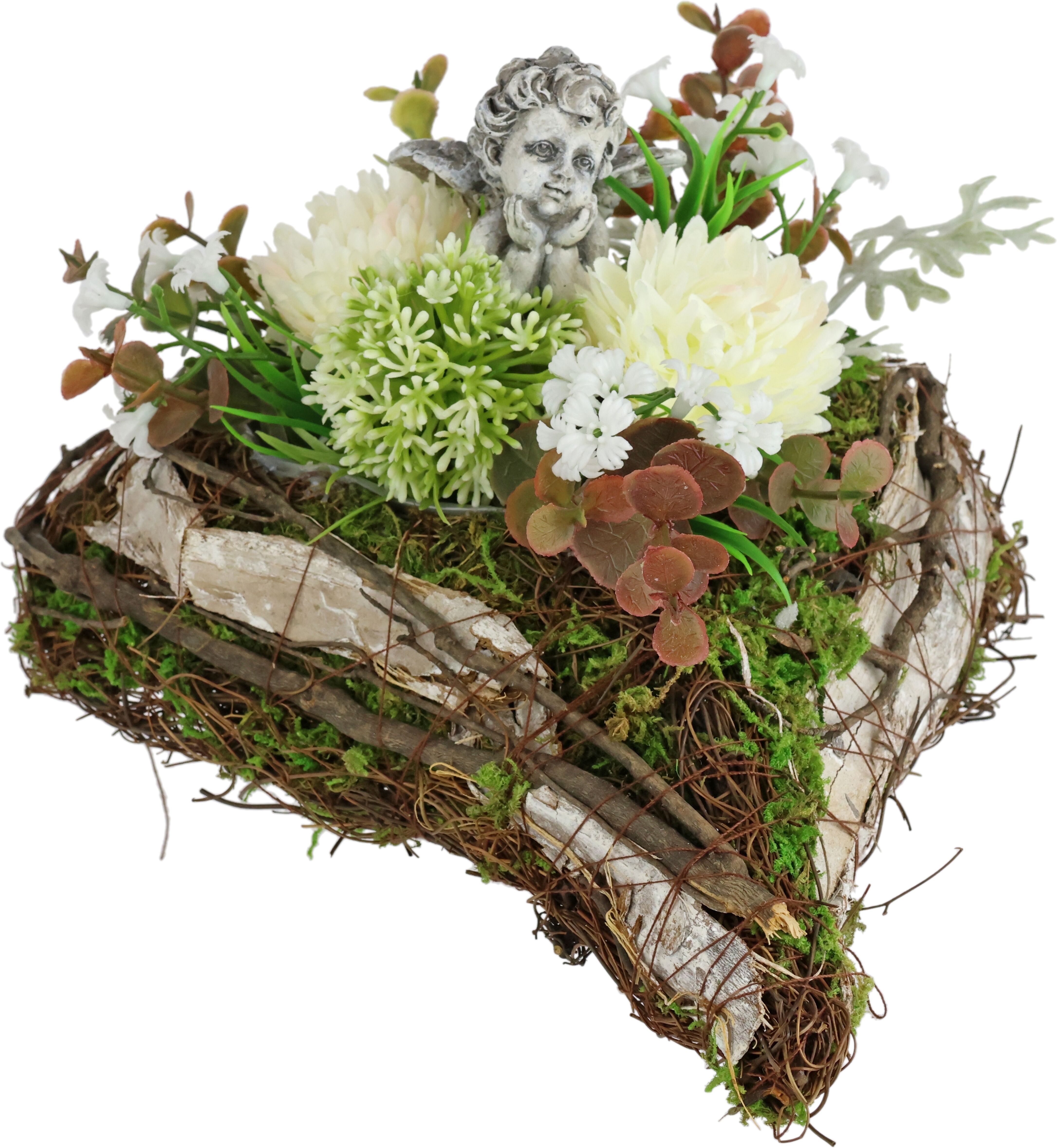 Kunstblume OTTO HOME "Gesteck mit Chrysanthemen, Allium und Engel im Pflanz-Herz", weiß, B:25cm H:13cm L:20cm, Kunstpflanzen, Florales Herzgesteck mit weißen Kunstblumen und Engel