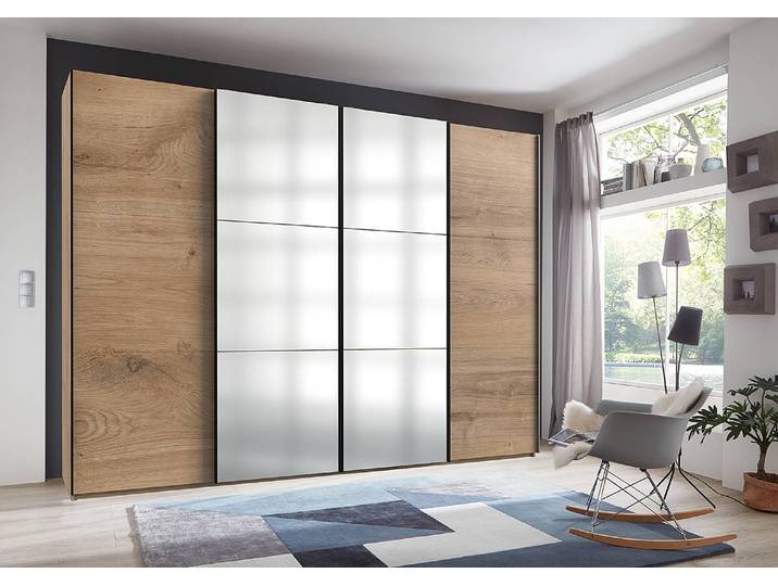 Schwebetürenschrank Level36 236 cm Typ C 300 x 236 x 65cm ohne Braun/Plankeneiche Dekor Schwarz 2 Spiegeltüren