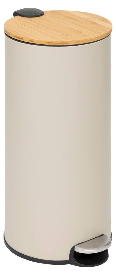 Beige Afvalbak met Pedaal en Bamboe Deksel 30L