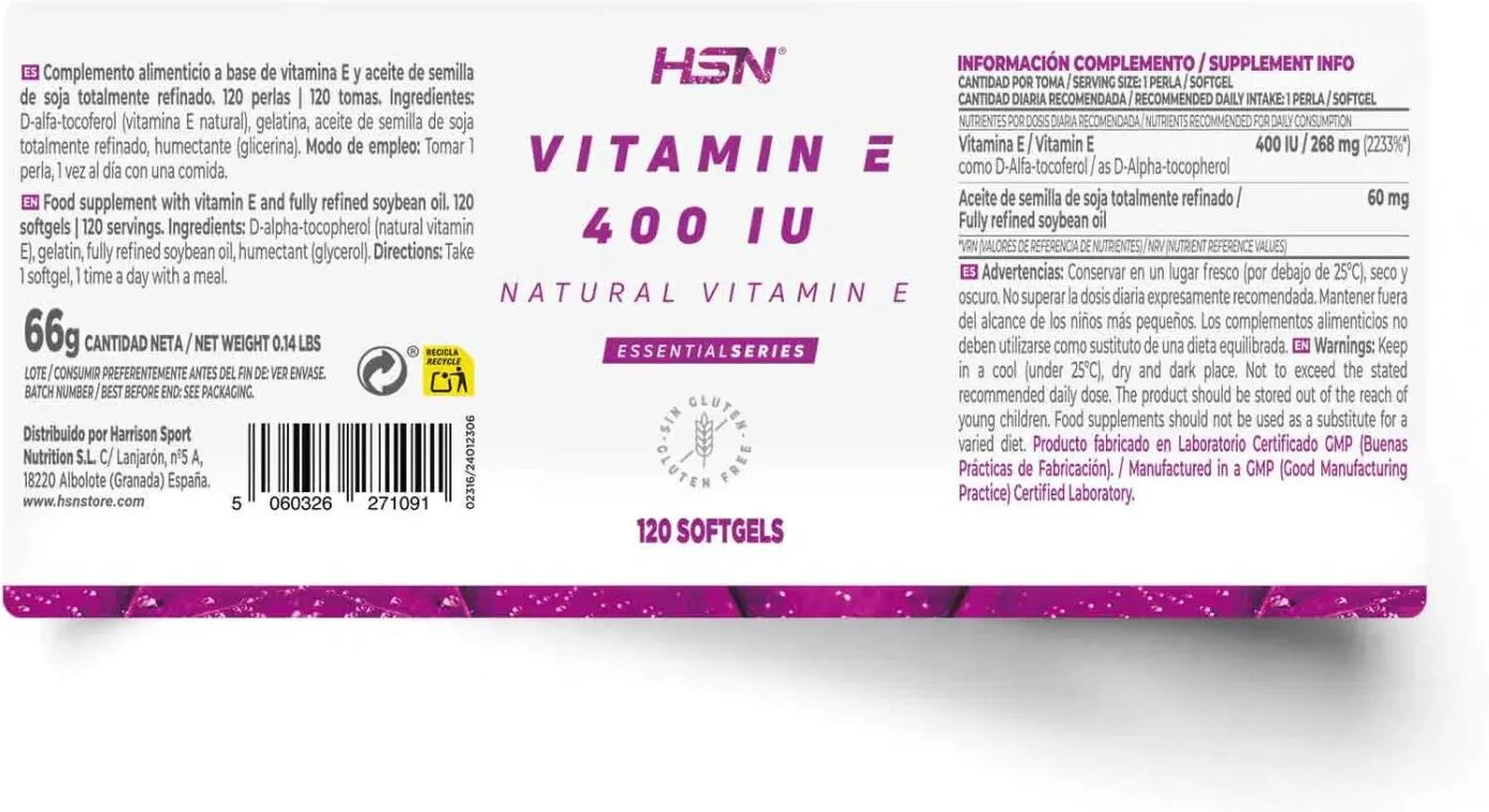 HSN Vitamina E 400UI - 120 perlas - Antioxidantes - Perlas - 120  Servicios