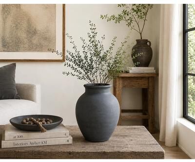 "Artissance Approx. 11"" High 8"" Round Charcoal Gray Pottery Vase"
