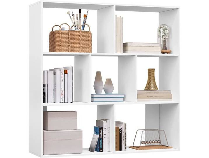 Bibliothèque 100x100x30cm - Étagère Rangement à 7 Compartiments Ouverts - Blanc