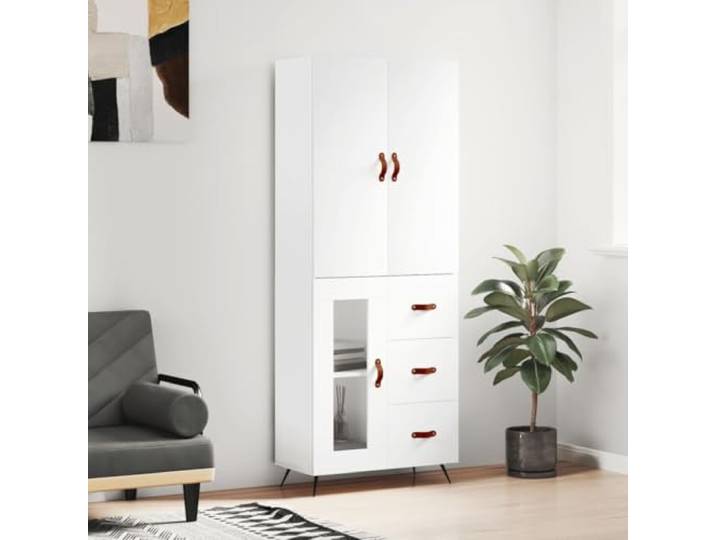 Elegantes Highboard mit Metallfüßen fürs Wohnzimmer in Weiß, stilvolles Highboard mit viel Stauraum aus Holzwerkstoff, praktischer Aufbewahrungsschrank mit Türen, modernes Design,