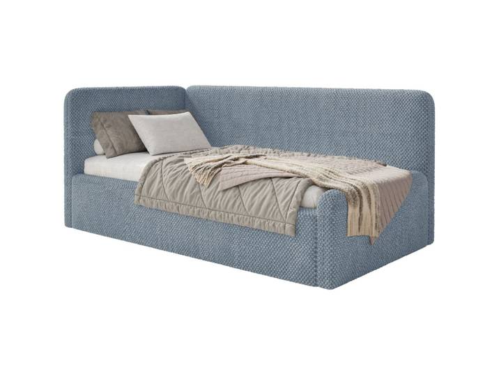 Lit junior, tête de lit à gauche, coffre, en peluche, bleu
