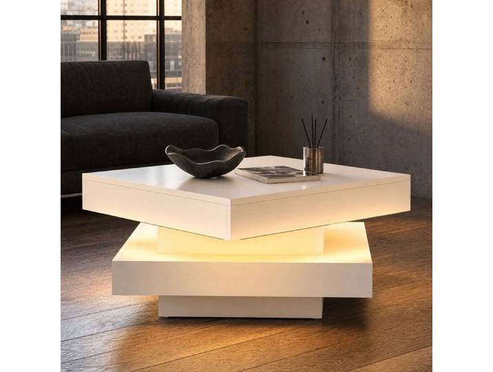 Table basse carrée blanche brillante – plateau pivotant 360° – LED – 70 x 70 x 36 cm