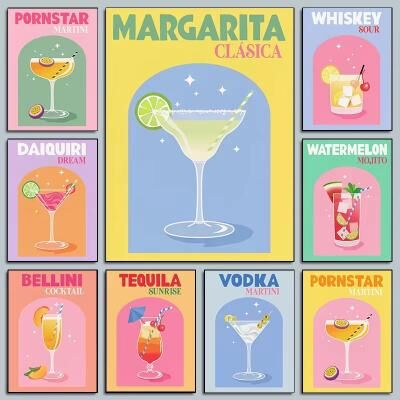 Inspired Finds Colorful Cocktail Canvas Wall Art Set Trendy Bar Cart Drink Posters champagne Cocktail Poster 7.87x11.81in