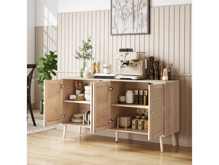 HOMCOM Buffet Salon Cannage 140cm Effet Bois Naturel