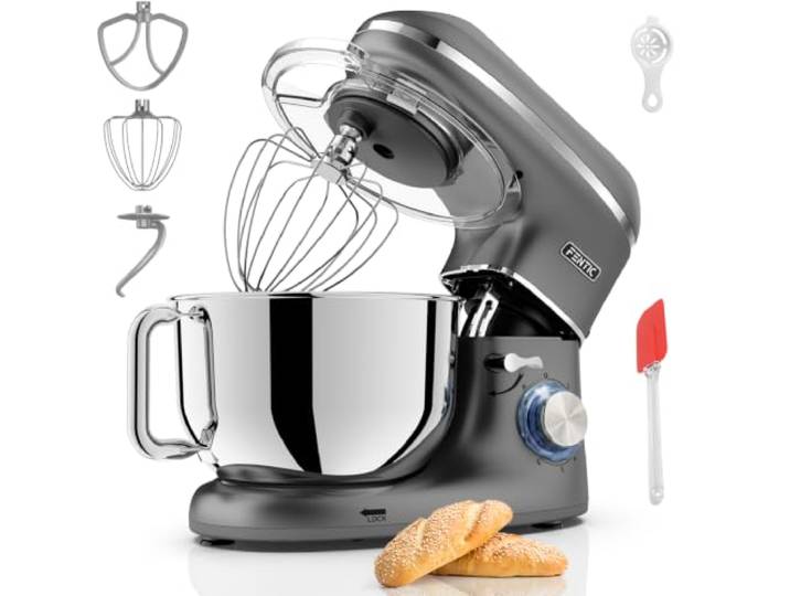 Fentic Küchenmaschine - 2000W - Edelstahl Rührschüssel (6,2 L) - Knetmaschine mit Rührhaken, Knethaken, Schlagbesen und Spritzschutz - Inkl. zusätzlichem Zubehör - Anthrazit