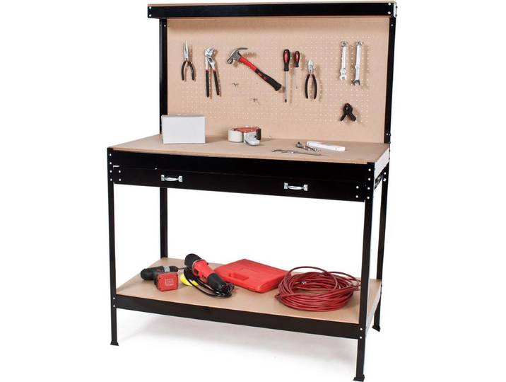 tectake® Werkbank - Gereedschapsbank met Lade en Geperforeerde Wand voor Gereedschap - Diverse Afmetingen - (120 x 60 x 156 cm Nr. 400855)