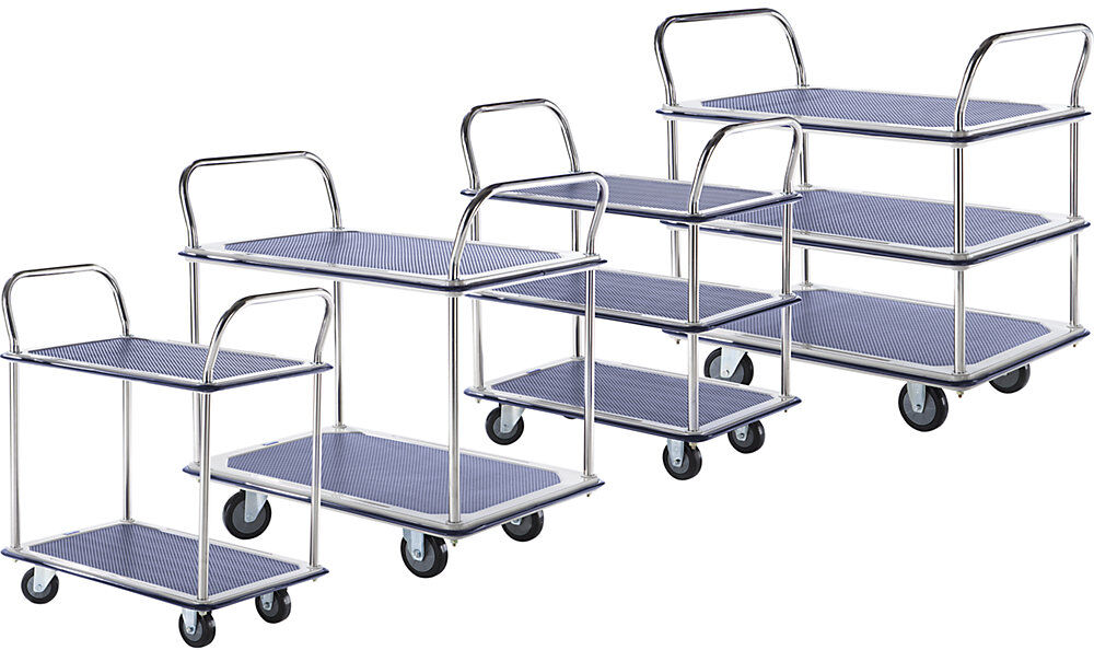 kaiserkraft Tischwagen verchromt, 2 Ladeflächen mit Antirutschbelag, 2 Schiebebügel, Tragfähigkeit 250 kg