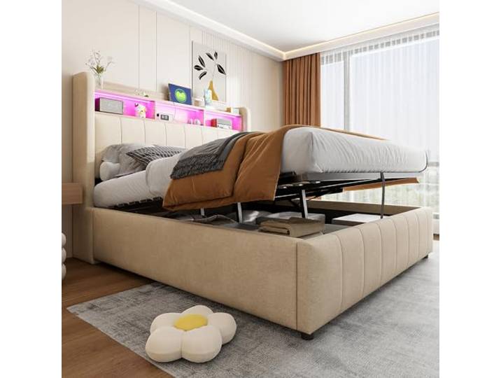 Laxnb Bett 140x200 cm Polsterbett Doppelbett, Jugendbett Betten mit Stauraum, Kopfteil mit LED&USB und Regal, Hydraulisches Stauraumbett Bettgestell Bett mit Lattenrost, Leinen Beige, Ohne Matratze