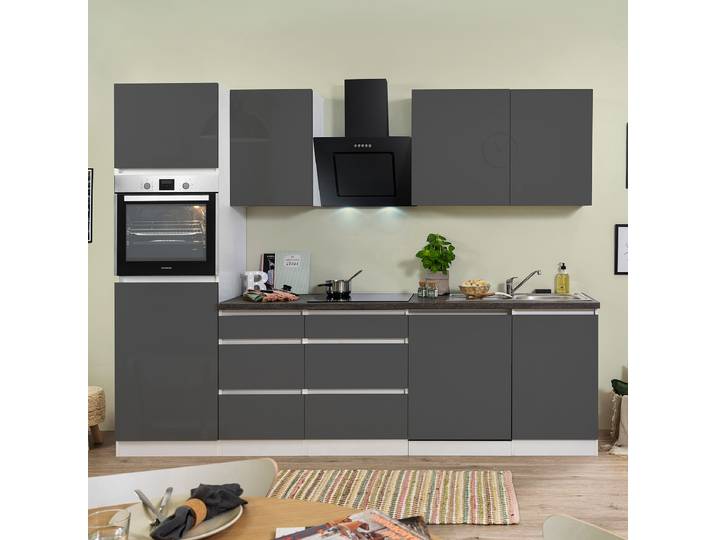 Küchenzeile Lorena II 280cm Grau/Hochglanz Grau/Granit Dekor mit Elektrogeräten