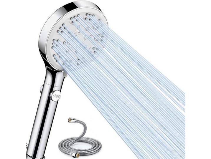 Duschkopf mit Schlauch 1.5m, 5 Strahlarten, Wassersparend, Stoppfunktion, Antikalk, Chrom
