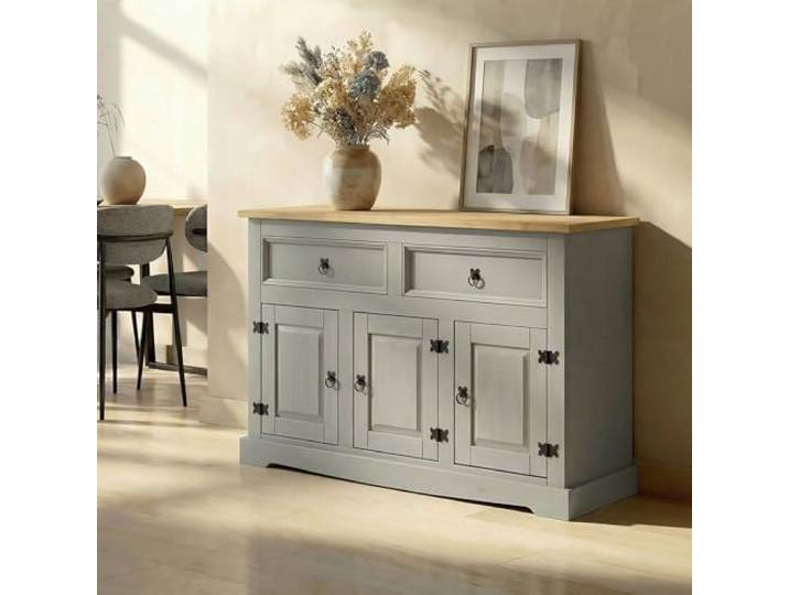 IDIMEX Sideboard Tequila Kommode mit 3 Türen 2 Schubladen, Schubladenschrank massiver Kiefer grau/braun Buffetschrank Geschirrschrank