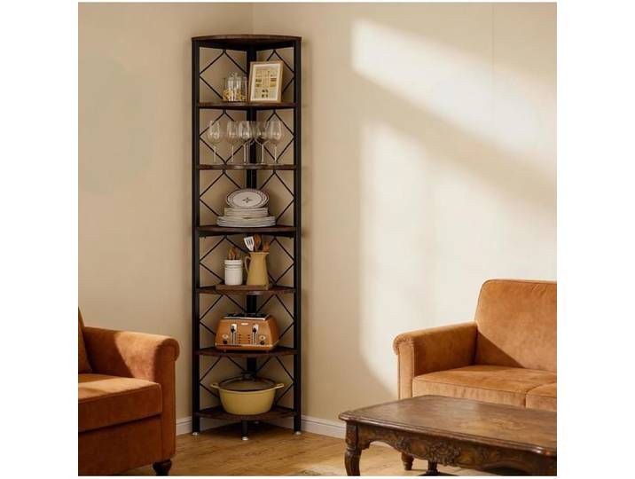 ROVRYN Bibliothèque d'angle 7 niveaux 35 x 35 x 200 cm étagère étroite métal et bois noir et marron