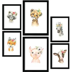 POSTER Set Mit 6 Blumentiere Weißer Baby Tiermotiven Im Pastell Aquarell Stil A3 & A4 Rahmenlos