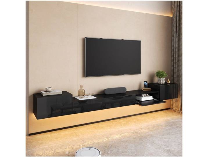 Meuble TV Mural Suspendu 245 cm avec LED Multicolore - LPOSPI - 5 Portes Passe-câbles MDF Noir Brillant