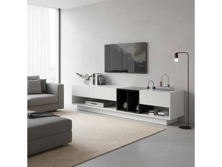 FurnitureR TV-Lowboard in Hochglanzweiß & Holzdekor, 3 Schubladen & offene Medienfächer für modernes Wohnzimmer