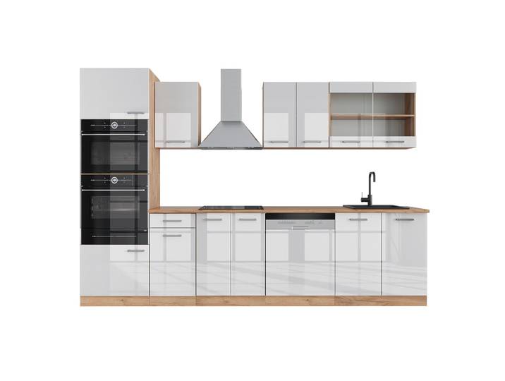 Cuisine avec armoire haute pt chêne blanc brillant 300x81,6cm