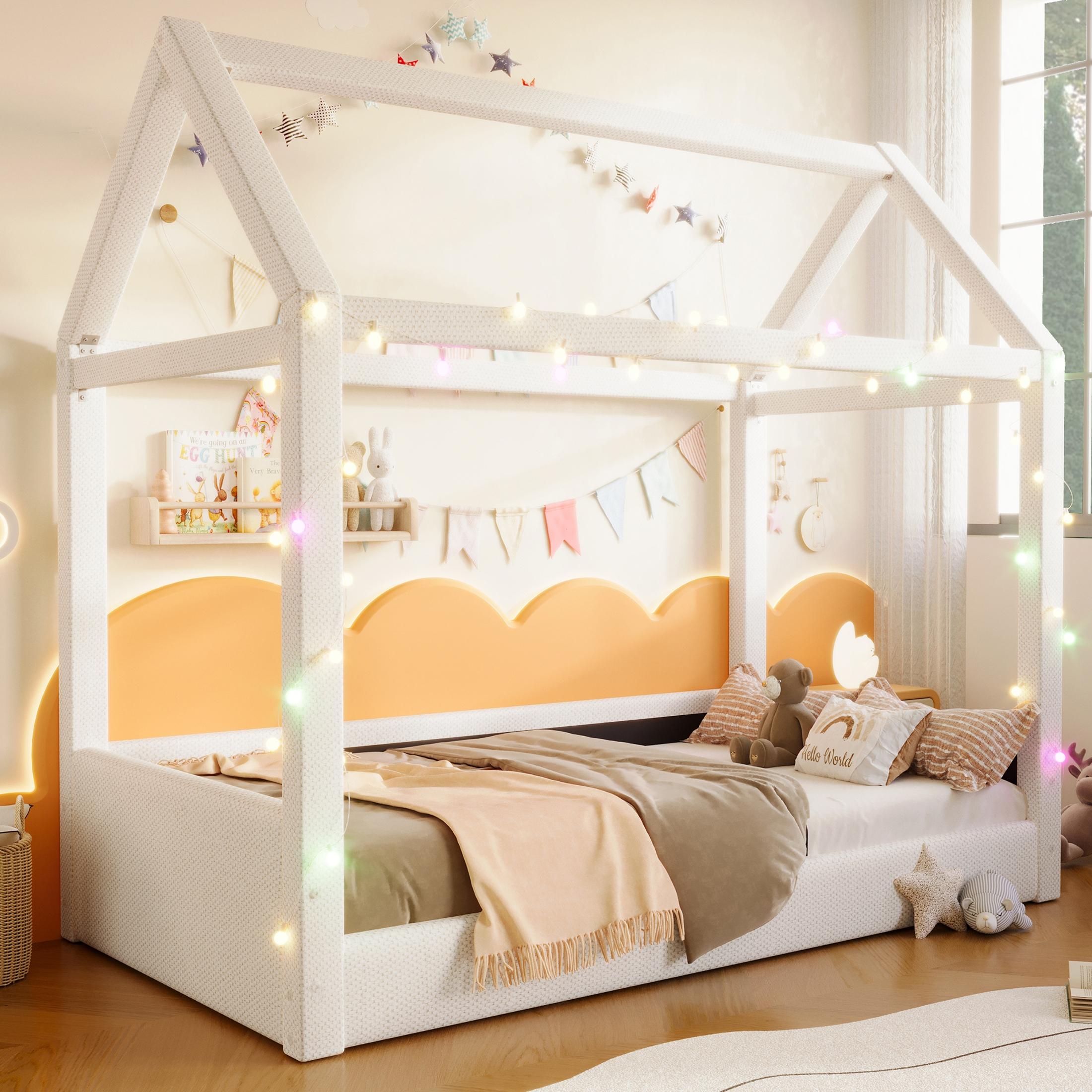 Gepolstertes Tagesbett (90 x 200 cm) mit LED-Lichtleisten, Beige