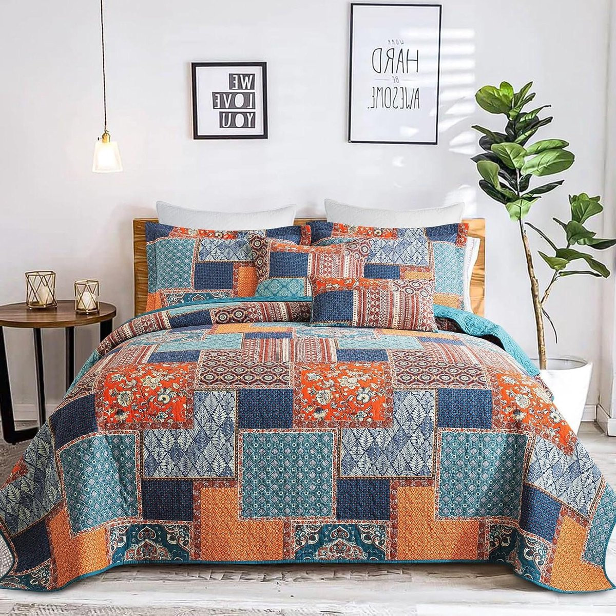 3-delige Bohemian Patchwork Beddengoed Set met Sprei en Dekbedovertrek