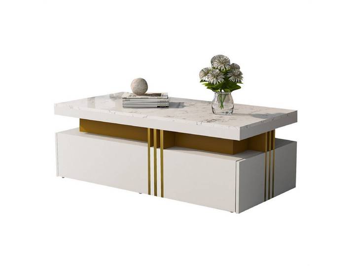 Rutaqian Couchtisch Moderner rechteckiger Couchtisch Hochglanzplatte mit 2 Holzschubladen (Wohnzimmertisch Material aus Spanplatten 100x50x40 cm)