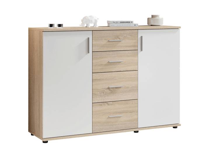 Carryhome Kommode Bobby, Weiß, Sonoma Eiche, Kunststoff, 2 Fächer, 4 Schublade(n) Schubladen, 120x82x35 cm, Typenauswahl, stehend, Wohnzimmer, Kommoden & Sideboards, Kommoden