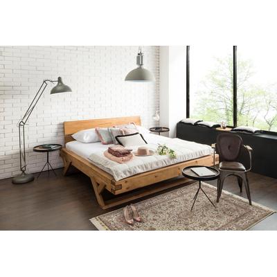 Massivholzbett SALESFEVER "Eik: Elegantes Bett aus Massivholz", beige (natur), B:158cm H:90cm L:218cm, 100% Fichtenholz massiv, Betten, Massivholzbett, Tradition trifft Moderne: Unikates Balkenbett mit Y-Füßen