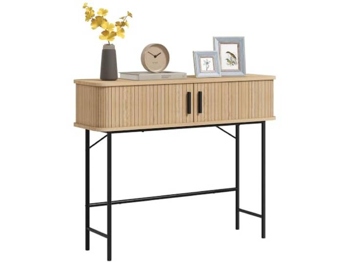 HOMCOM 39 schmale Konsolentisch mit Lamellen-Falttüren Eiche & Schwarz Mid-Century Flurtisch, Staufächer, hinter Sofa, Wohnzimmer, Flur