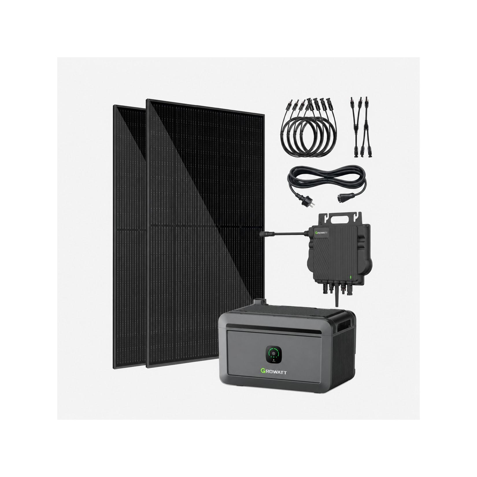 VALE Balkonkraftwerk 900 Wp – 2x 450 Wp Premium Solarmodul bifazial (Glas+Glas), Growatt NEO 800M-X, Growatt Noah 2000, 5m Anschlusskabel