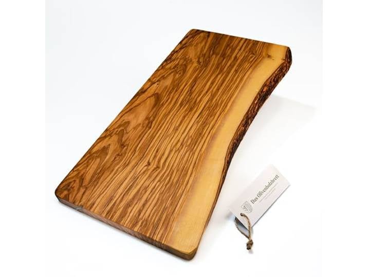 DAS OLIVENHOLZBRETT® Schneidebrett aus Olivenholz xl/Servierbrett groß/Tranchierbrett rechteckig, eine Seite naturbelassen/massives Schneidebrett 60 x30 x2,5cm