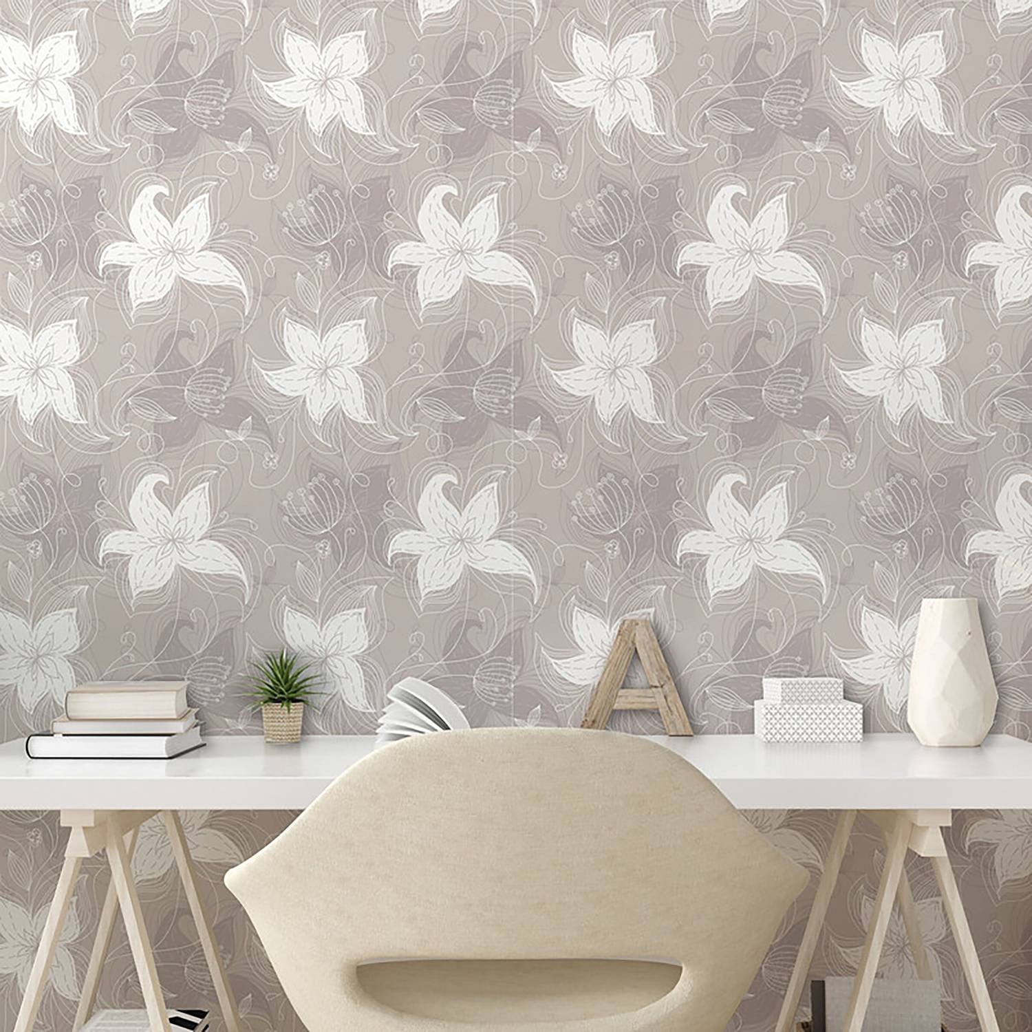 home24 Behang Drawing Leaf Botanisch Floral Beige en Grijs 250 cm