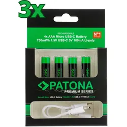 12x PATONA Premium USB-C AAA Akkus Lithium 1.5V 750mWh (3x 4er Blister)