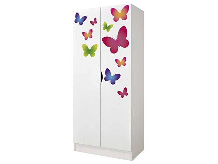 Leomark Roma Kleiderschrank 2-türig aus Holzwerkstoff, Schmetterlinge, Weiß Maße 70x42,5x161,5 cm, 3 Fächer, Hängebereich für Kleidung, verstellbare Scharniere, abriebfester UV-Druck, sicherer Griff