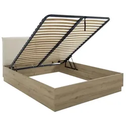 Gami, Bett, Bett mit Stauraum und Textilkopfteil - TIDY - 140 x 190 cm - Eiche / Ecru - Inklusive Lattenrost (140 x 190 cm)
