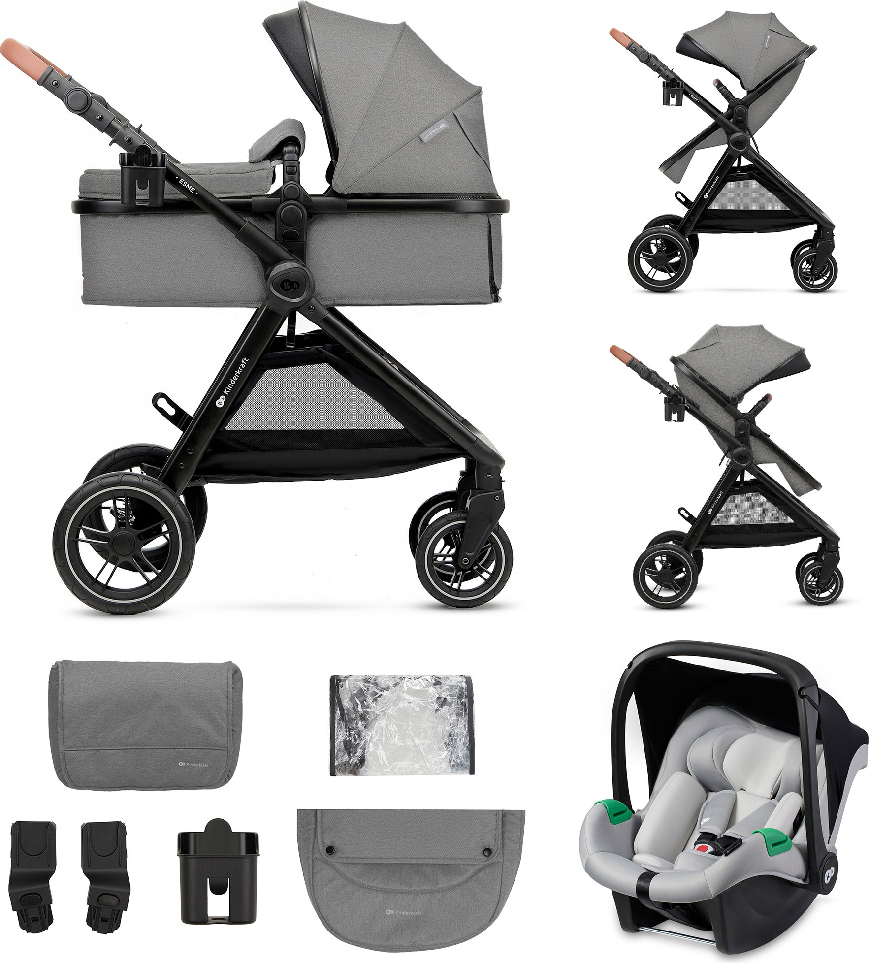 Kinderkraft ESME - multifunktionaler 3-in-1-Kinderwagen - bis 22 kg - Babywanne mit Belüftung - Travel System - große geländegängige Räder - Grau