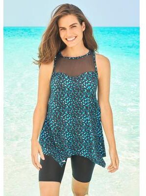 Plus Size Women's Mesh-Inset Longer Length Tankini Top by Swim 365 in Water Droplet (Size 14)